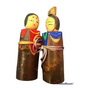 Tiny Kokeshi Japanese Dolls Hand Painted Vintage Carved Wood Unique Pair 3” Peg